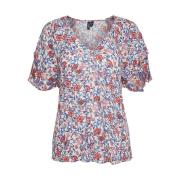 Blusa con cuello de pico y estampado de flores, de manga corta