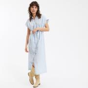 Vestido camisero largo de lino a rayas, manga corta